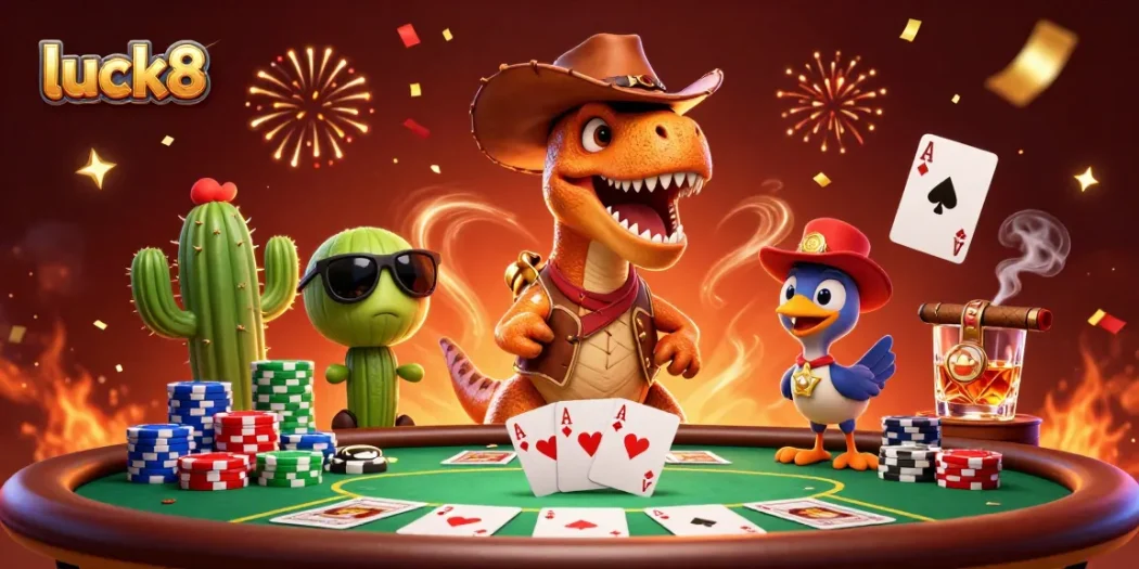 luck8 features a vibrant scene with cartoon dinosaur and companions at a poker table.