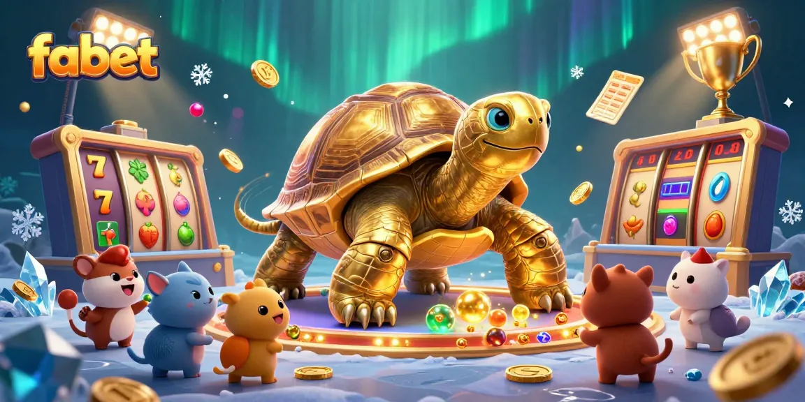 Experience thrilling slot action at fabet with cartoon golden tortoise and vibrant casino elements.