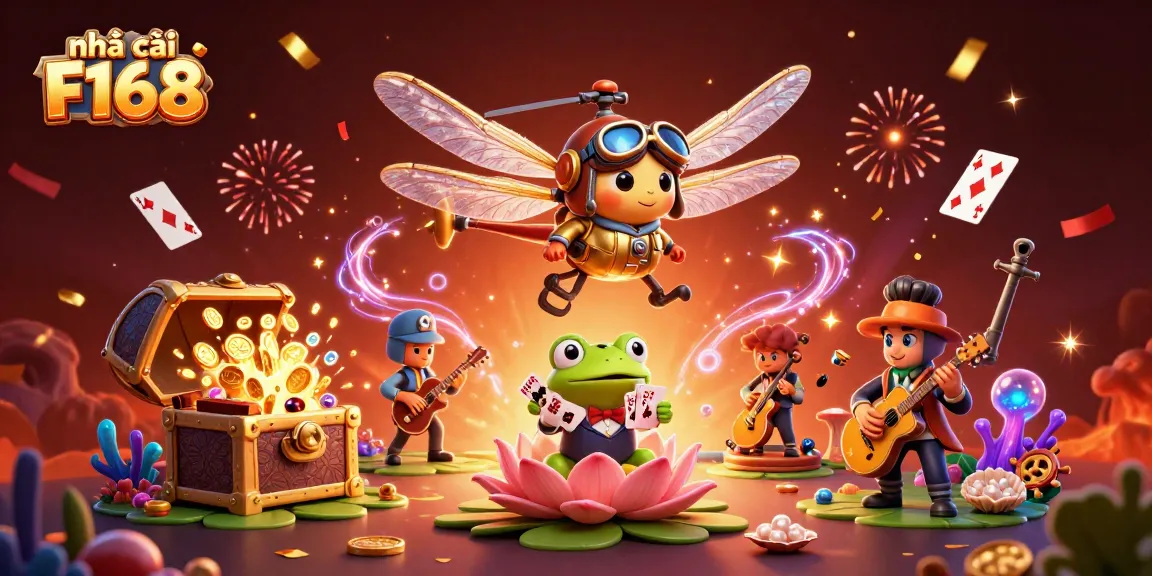 Exciting scene showcasing nhà cái F168 with a pilot dragonfly, frog dealer, and jazz cricket musicians decorating a vibrant casino.