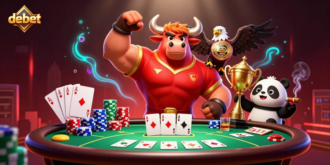 debet showcases a victorious bull mascot and friends celebrating casino wins at a dynamic poker scene
