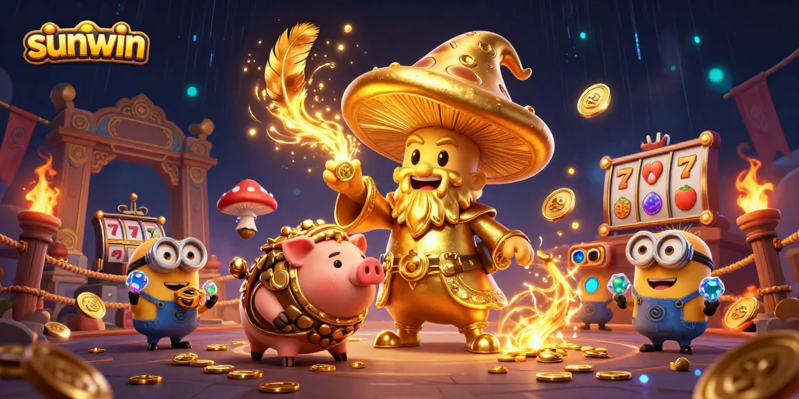 Engage with sunwin's magical casino adventure featuring a whimsical golden wizard and treasures.