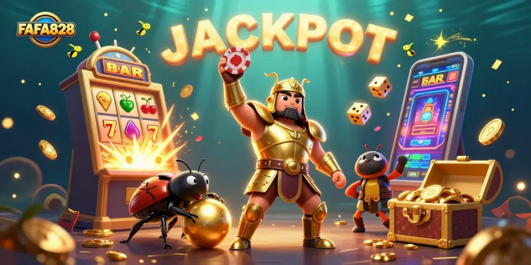Experience FAFA828's thrilling jackpot adventure with vibrant 3D visuals and immersive casino elements.