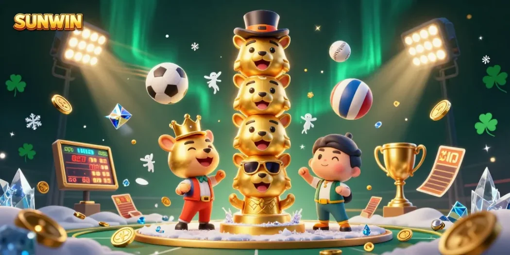 SUNWIN players enjoying immersive gaming with golden totem, vibrant sports elements, and action-packed scene