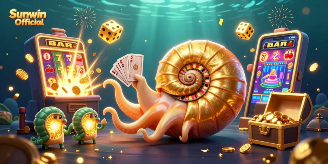 Experience the vibrant thrill of Sunwin Official with a 3D nautilus roulette wheel and glimmering casino elements.