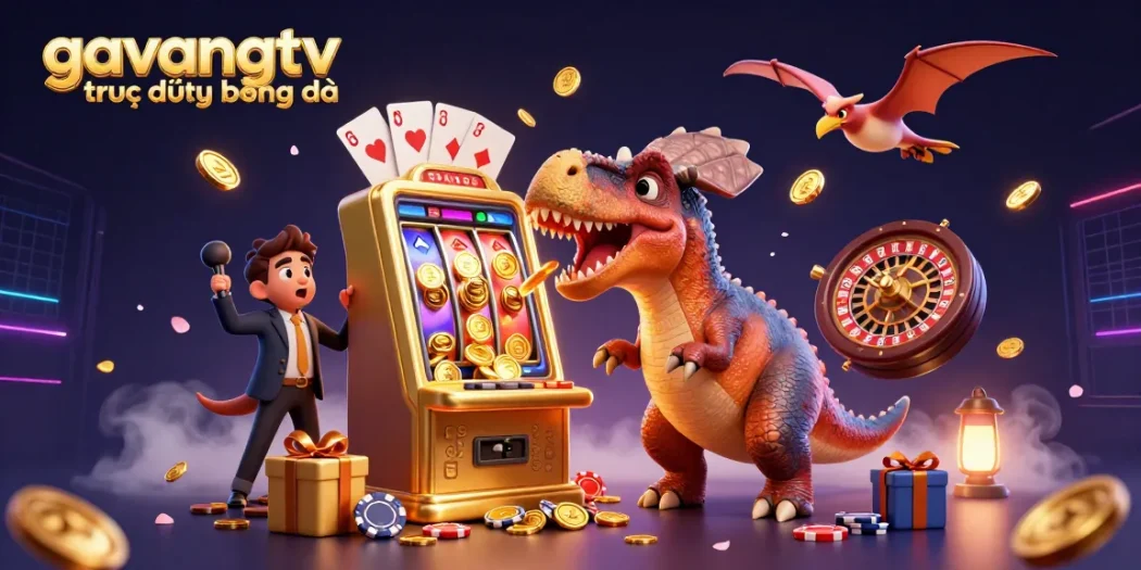 Experience the excitement of gavangtv trực tiếp bóng đá with a dynamic illustration showcasing a pachycephalosaurus and casino elements.