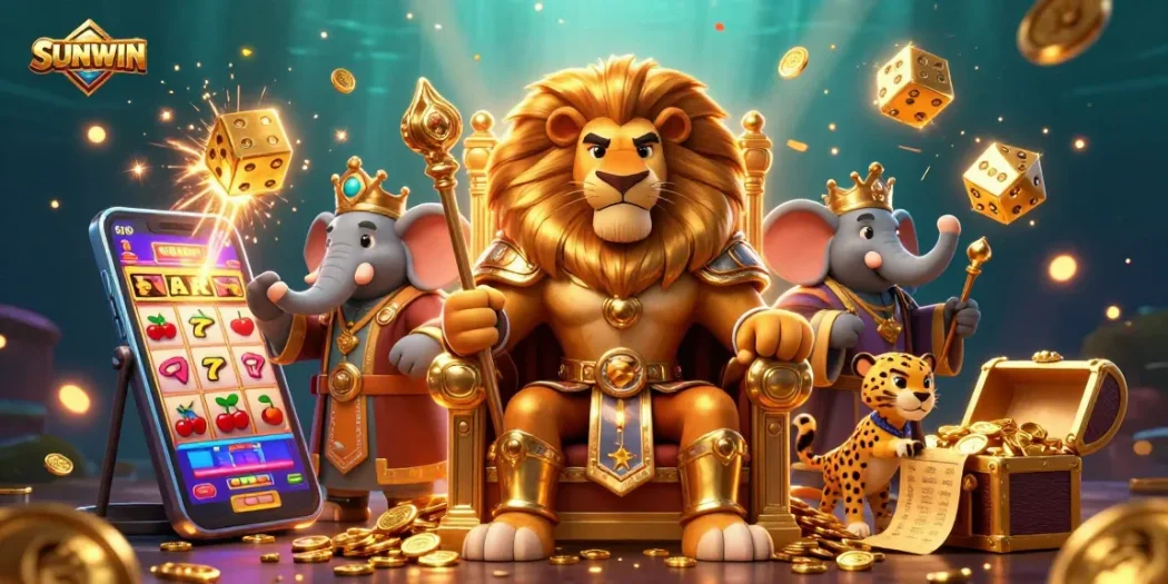 SUNWIN showcases an exciting 3D casino scene with slot machines and vibrant characters celebrating a jackpot.