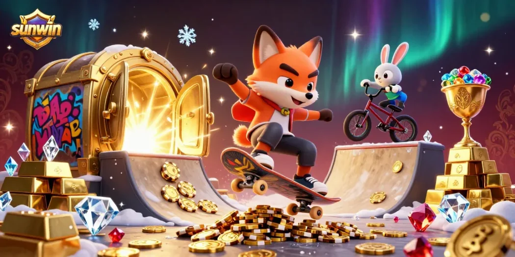 Experience thrilling gameplay at sunwin with vibrant cartoon fox and rabbit in a dynamic casino setting.