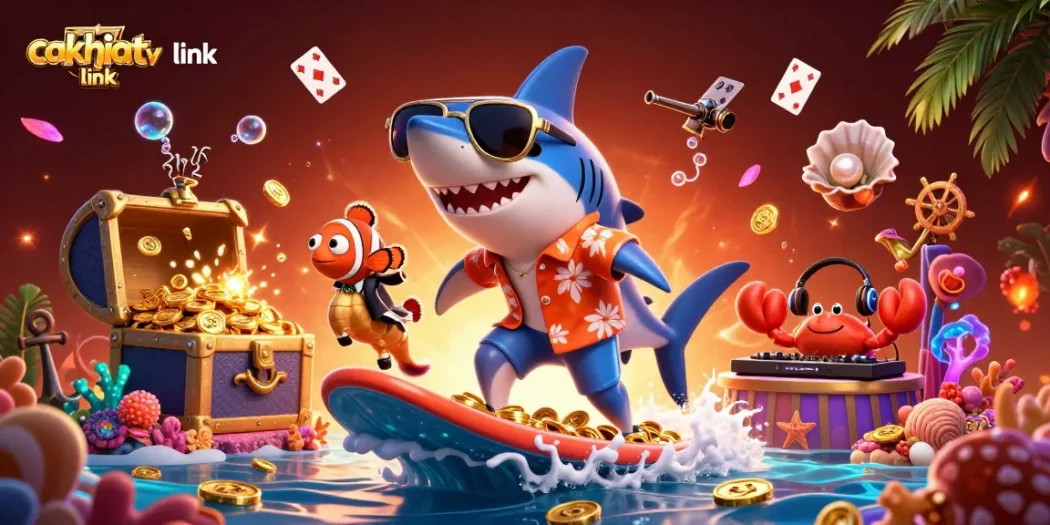 Experience thrilling action with cakhiatv link as the shark surfs on gold coins amidst vibrant underwater scenery.