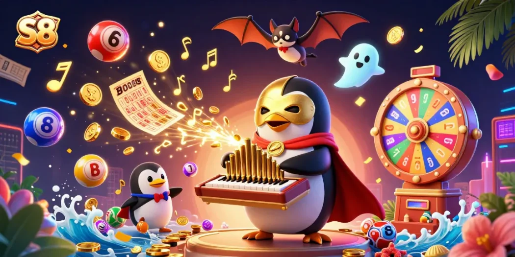Engaging S8 online casino scene with a phantom penguin playing the organ and dynamic gaming elements.