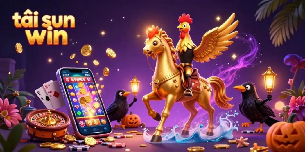 Experience the thrilling ambiance of tải sun win in this captivating 3D casino scene featuring a glowing rooster and festive gaming elements.