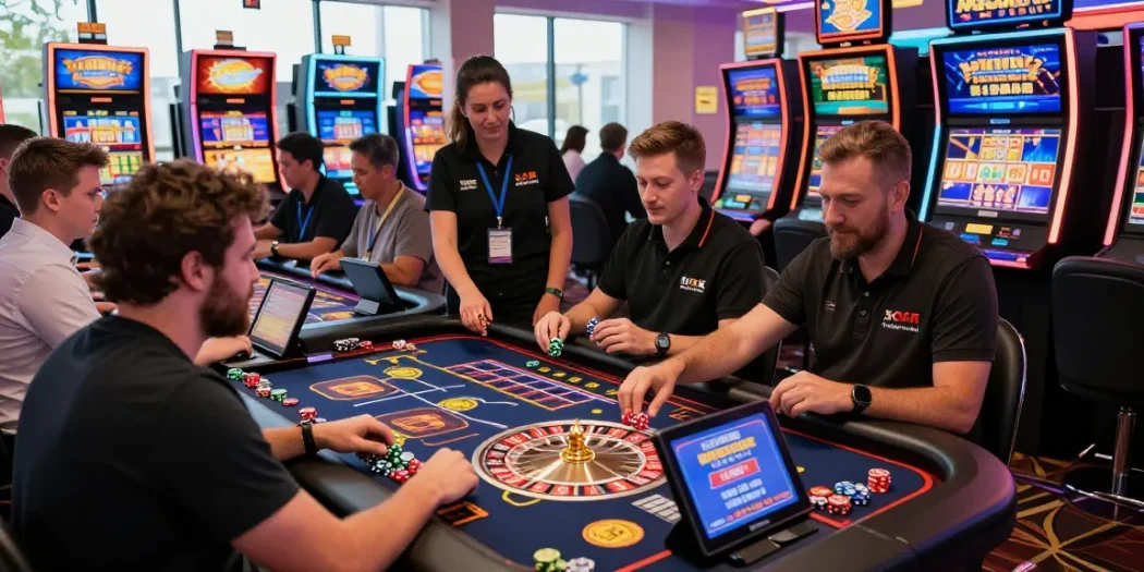 Best non UK casinos scene with diverse players enjoying digital roulette and slot machines, vibrant atmosphere showcasing online gaming.