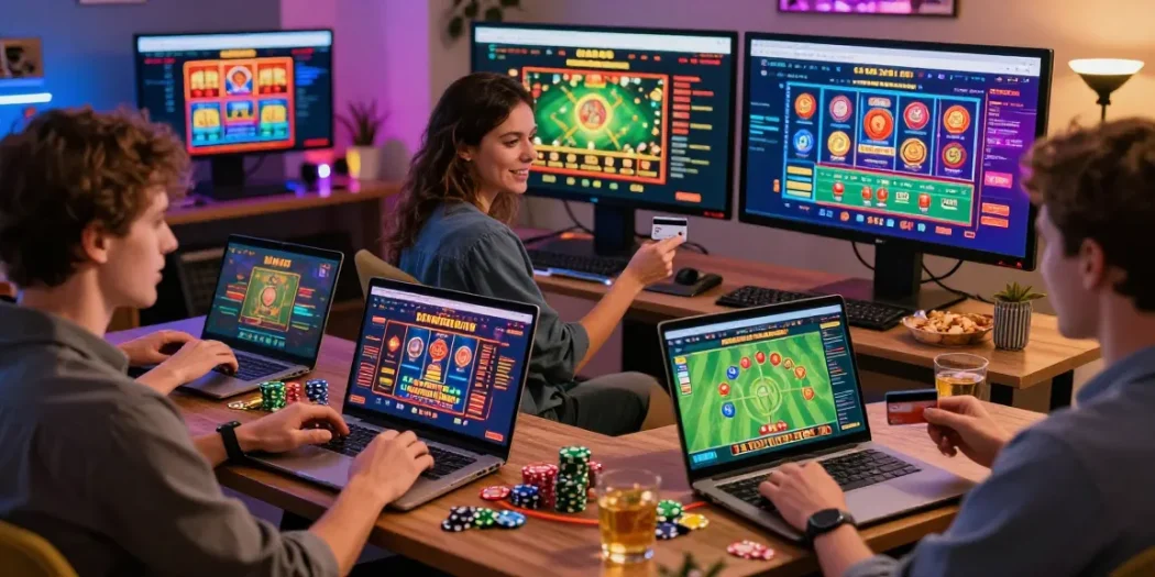 Excited players engaging at credit card casinos, showcasing vibrant gaming setups, laptops, and mobile devices for a thrilling online gaming experience.