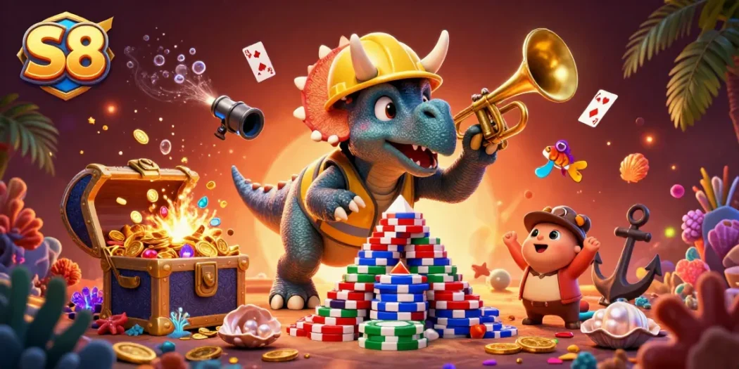 S8 brings excitement to gaming with dynamic character illustrations in an engaging casino scene.